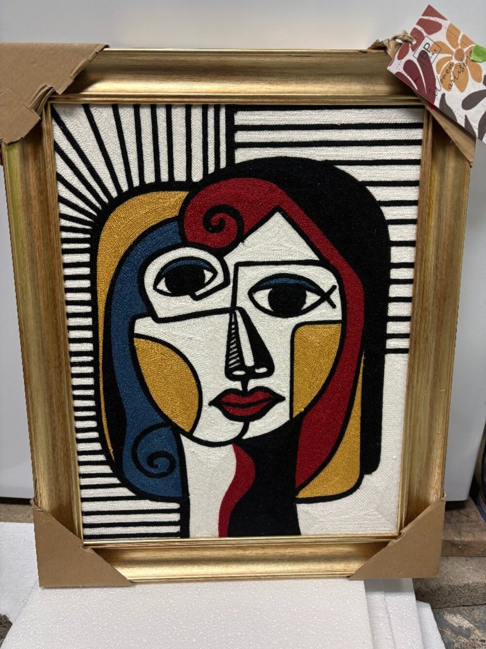 BP Home Woven Embroidered Textile Wall Art Geo Face/Girl NWT FREE SHIPPING!